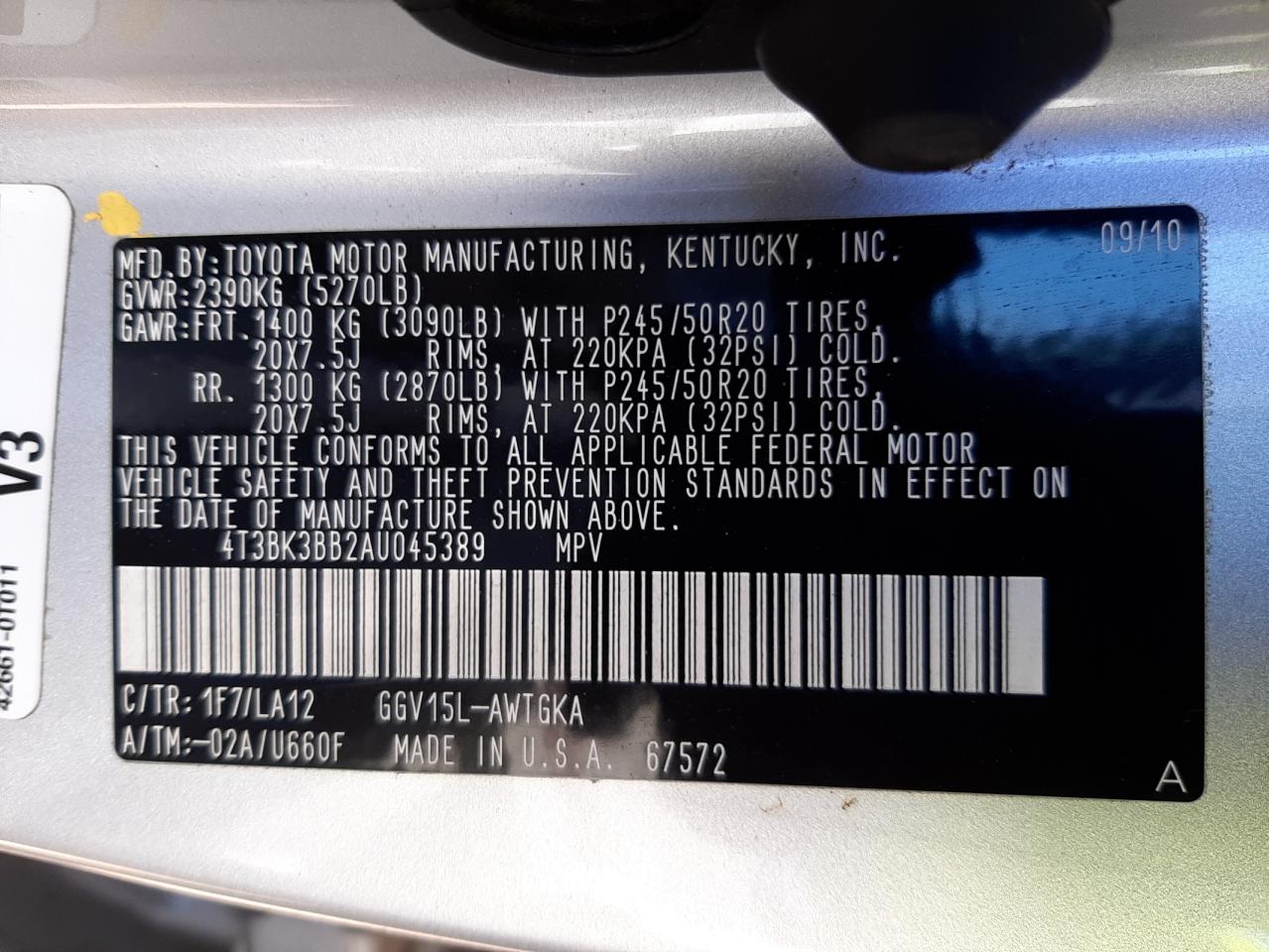Photo 10 from auction – 2010 TOYOTA VENZA with VIN 4T3BK3BB2AU045389