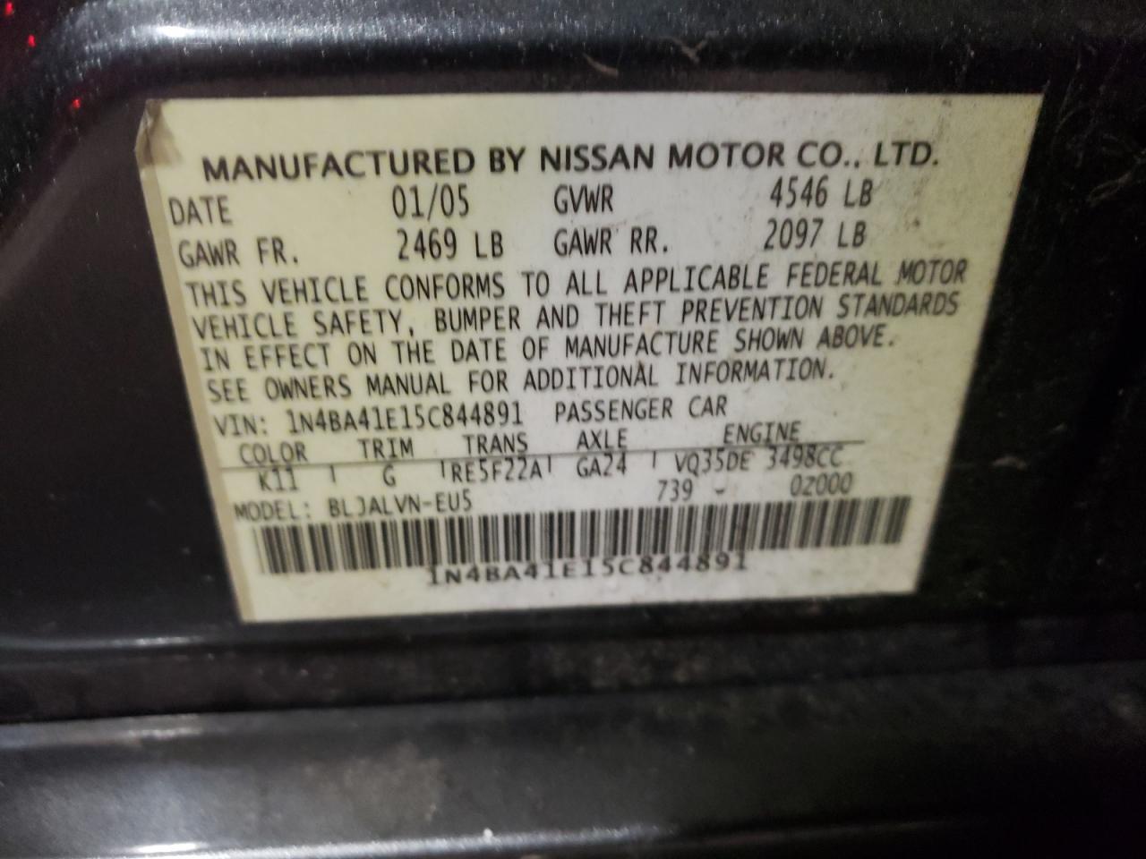 Photo 10 from auction – 2005 NISSAN MAXIMA SE with VIN 1N4BA41E15C844891