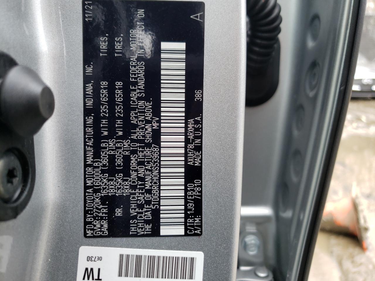 Photo 10 from auction – 2022 TOYOTA HIGHLANDER with VIN 5TDGBRCH0NS539687