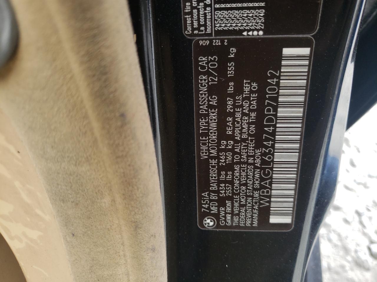 Photo 10 from auction – 2004 BMW 745 I with VIN WBAGL63474DP71042