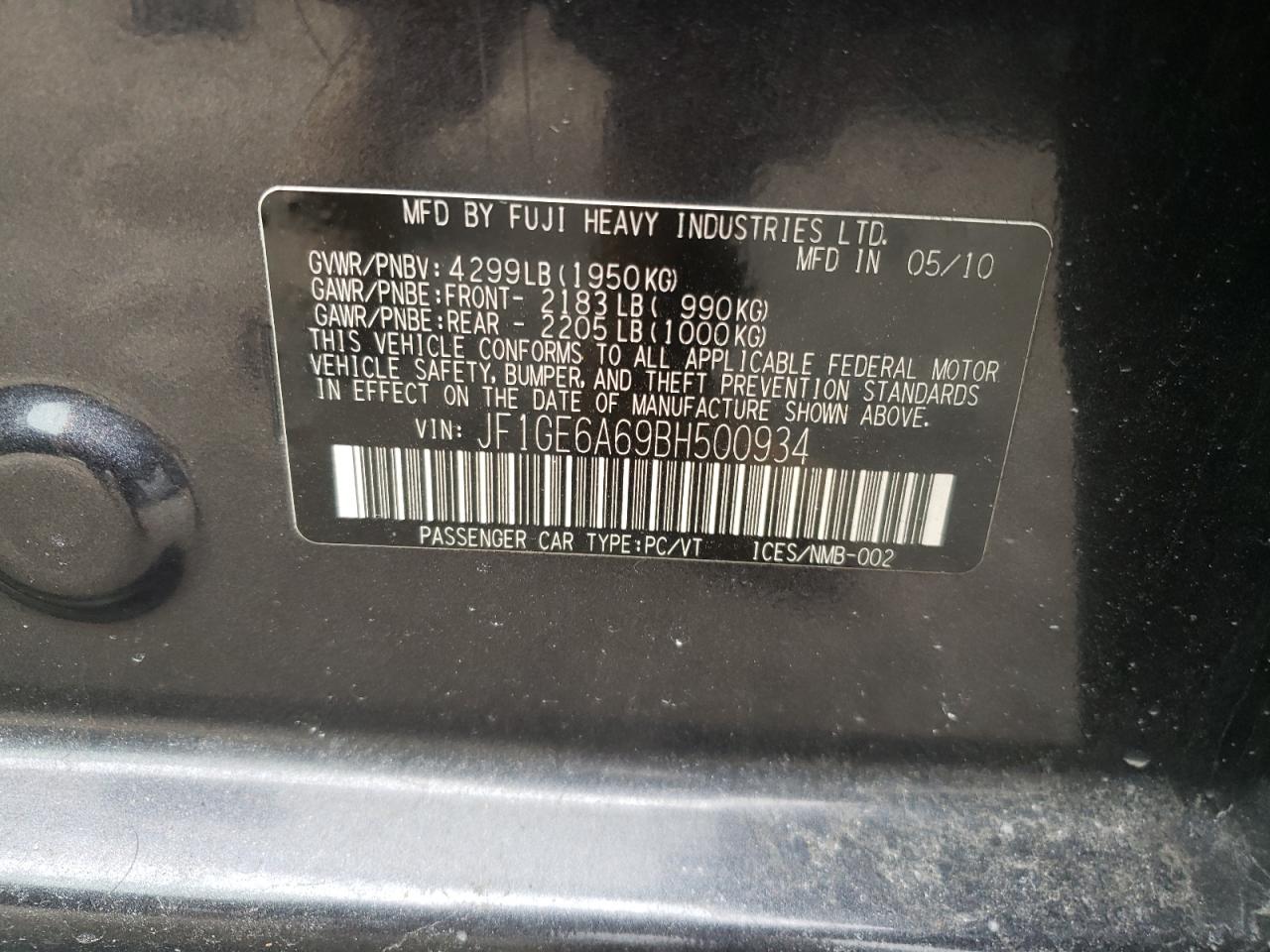 Photo 10 from auction – 2011 SUBARU IMPREZA 2. with VIN JF1GE6A69BH500934