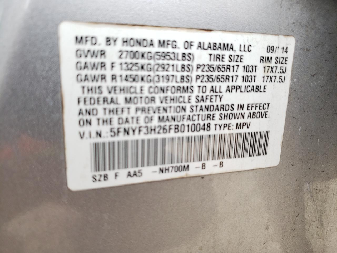 Photo 10 from auction – 2015 HONDA PILOT LX with VIN 5FNYF3H26FB010048