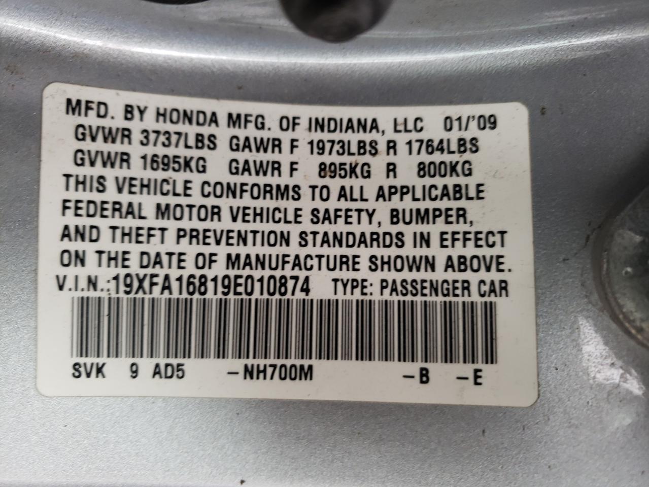 Photo 10 from auction – 2009 HONDA CIVIC EX with VIN 19XFA16819E010874