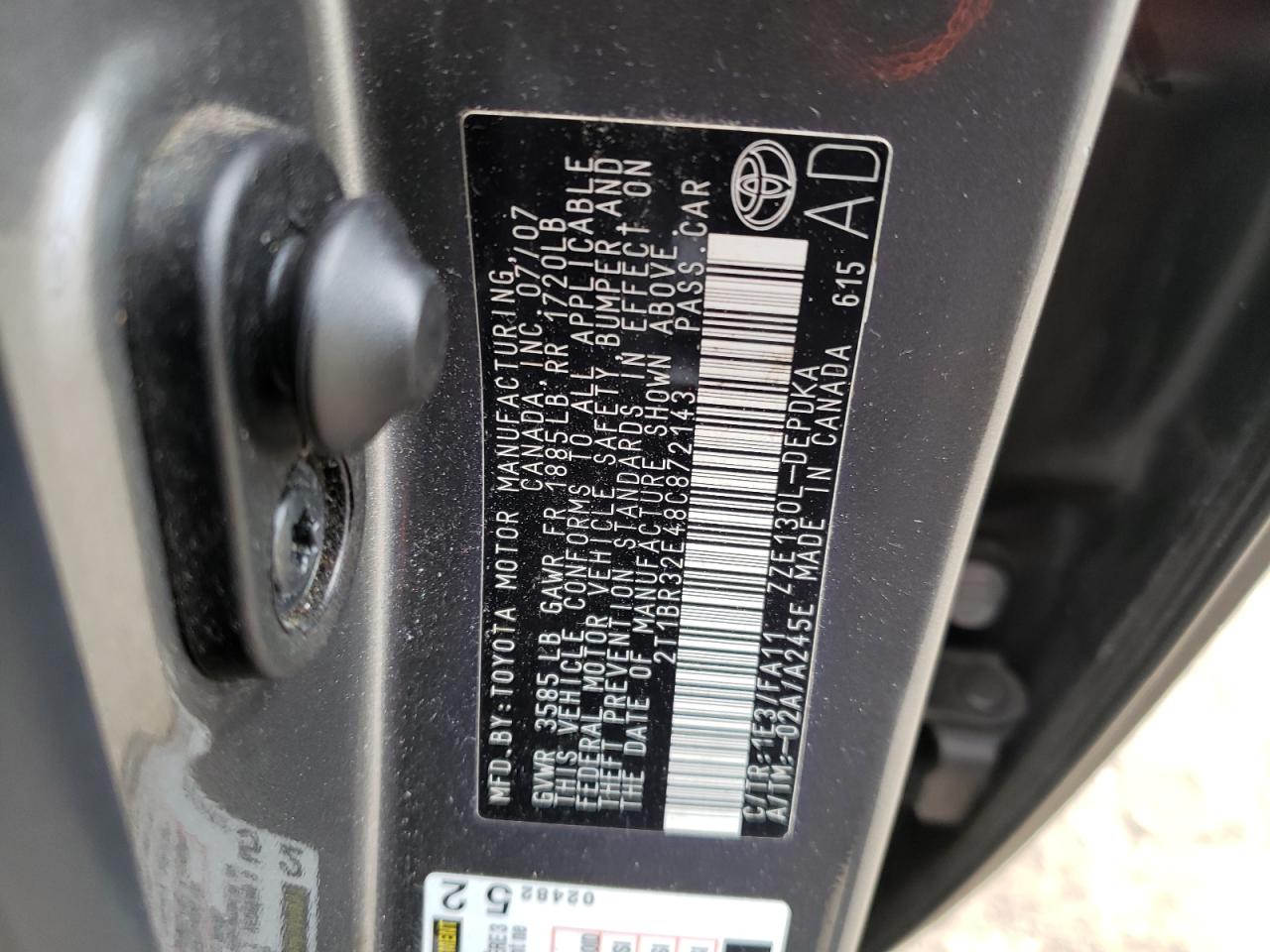 Photo 10 from auction – 2008 TOYOTA COROLLA CE with VIN 2T1BR32E48C872143