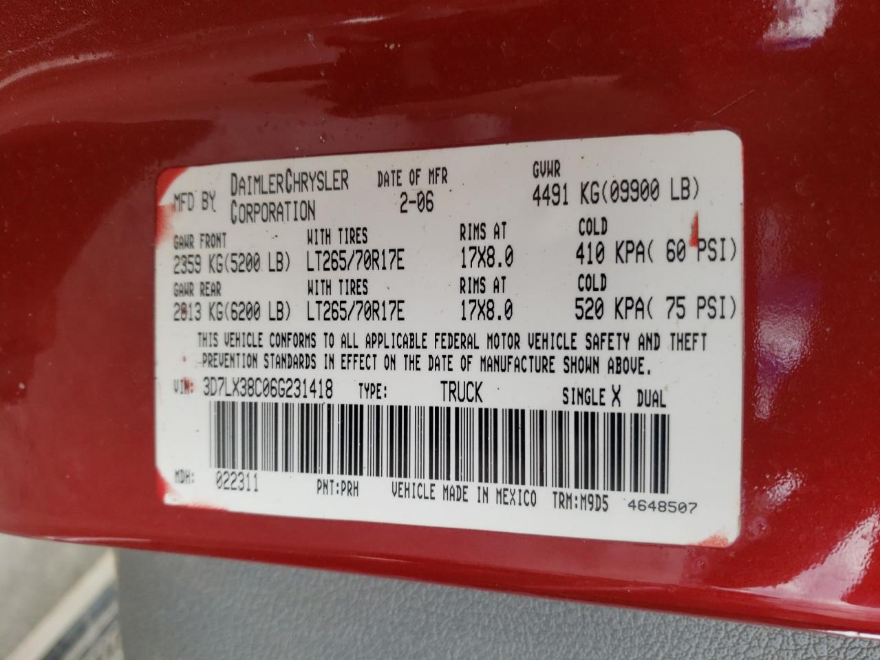 Photo 10 from auction – 2006 DODGE RAM 3500 S with VIN 3D7LX38C06G231418