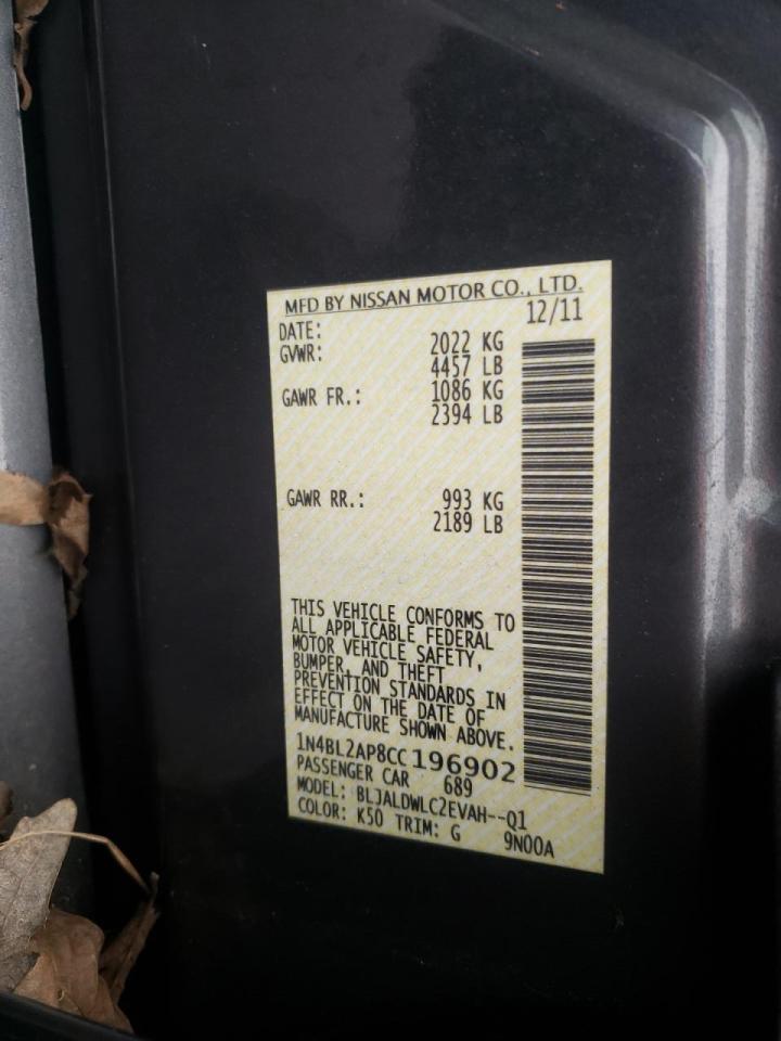 Photo 10 from auction – 2012 NISSAN ALTIMA SR with VIN 1N4BL2AP8CC196902