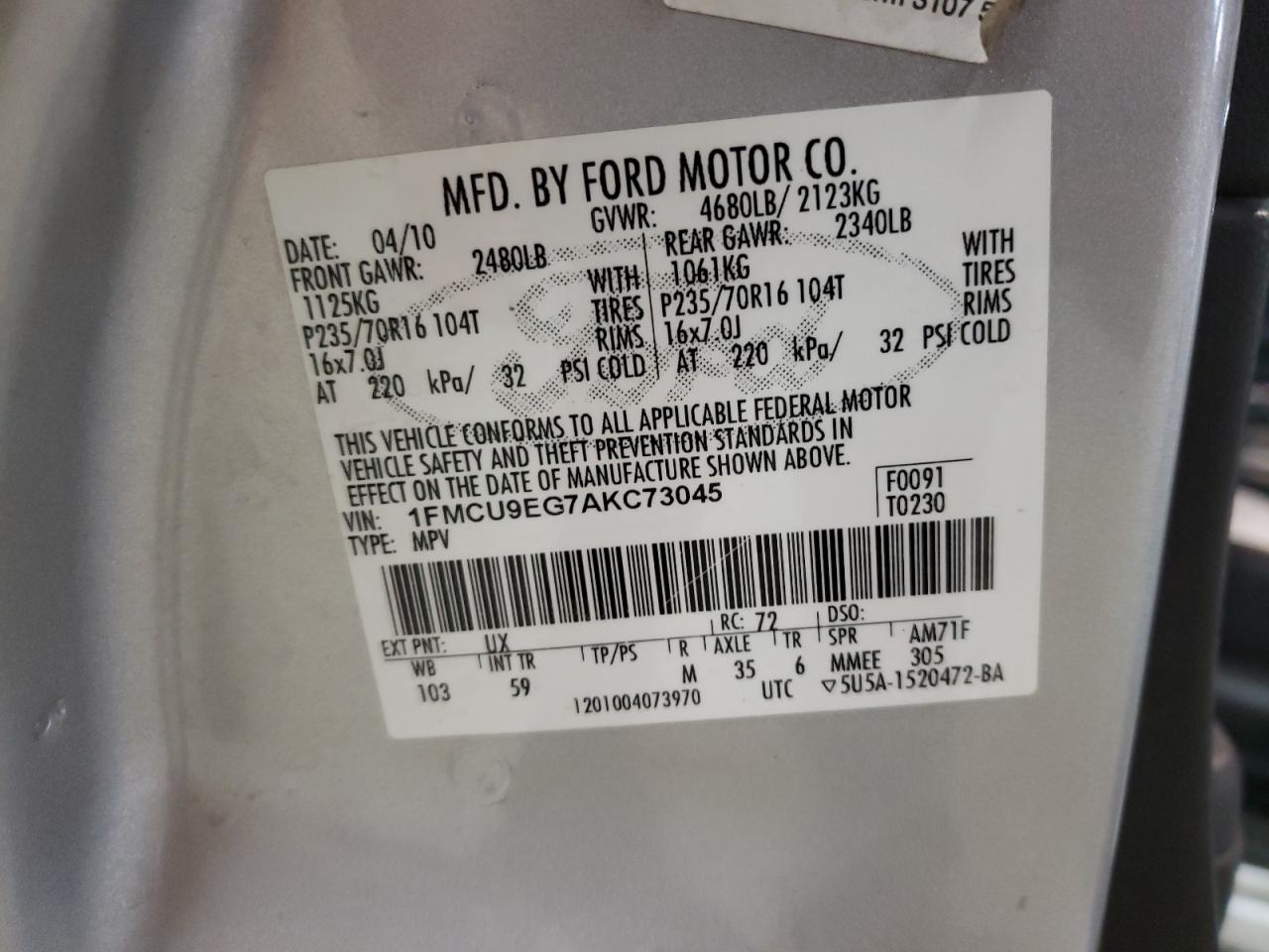 Photo 10 from auction – 2010 FORD ESCAPE LIM with VIN 1FMCU9EG7AKC73045