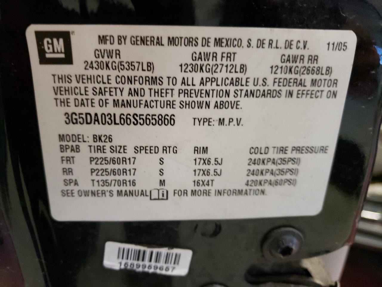 Photo 10 from auction – 2006 BUICK RENDEZVOUS with VIN 3G5DA03L66S565866
