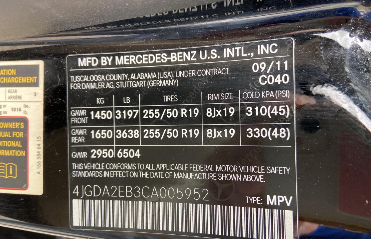 Photo 10 from auction – 2012 MERCEDES-BENZ ML 350 BLU with VIN 4JGDA2EB3CA005952