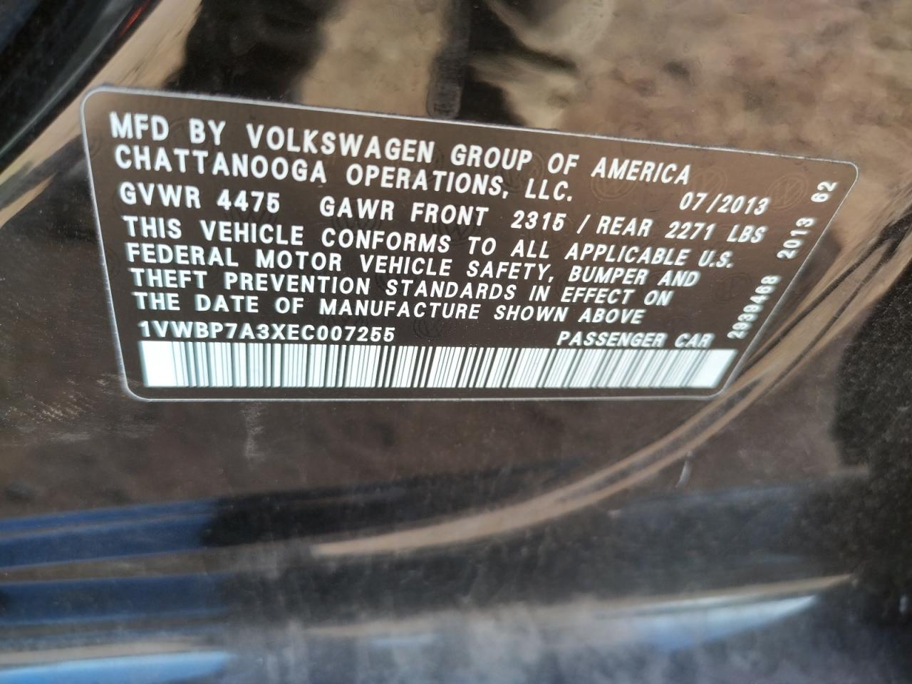 Photo 10 from auction – 2014 VOLKSWAGEN PASSAT SE with VIN 1VWBP7A3XEC007255