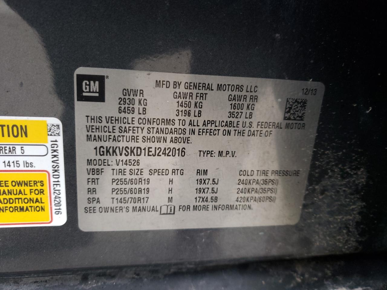 Photo 10 from auction – 2014 GMC ACADIA SLT with VIN 1GKKVSKD1EJ242016