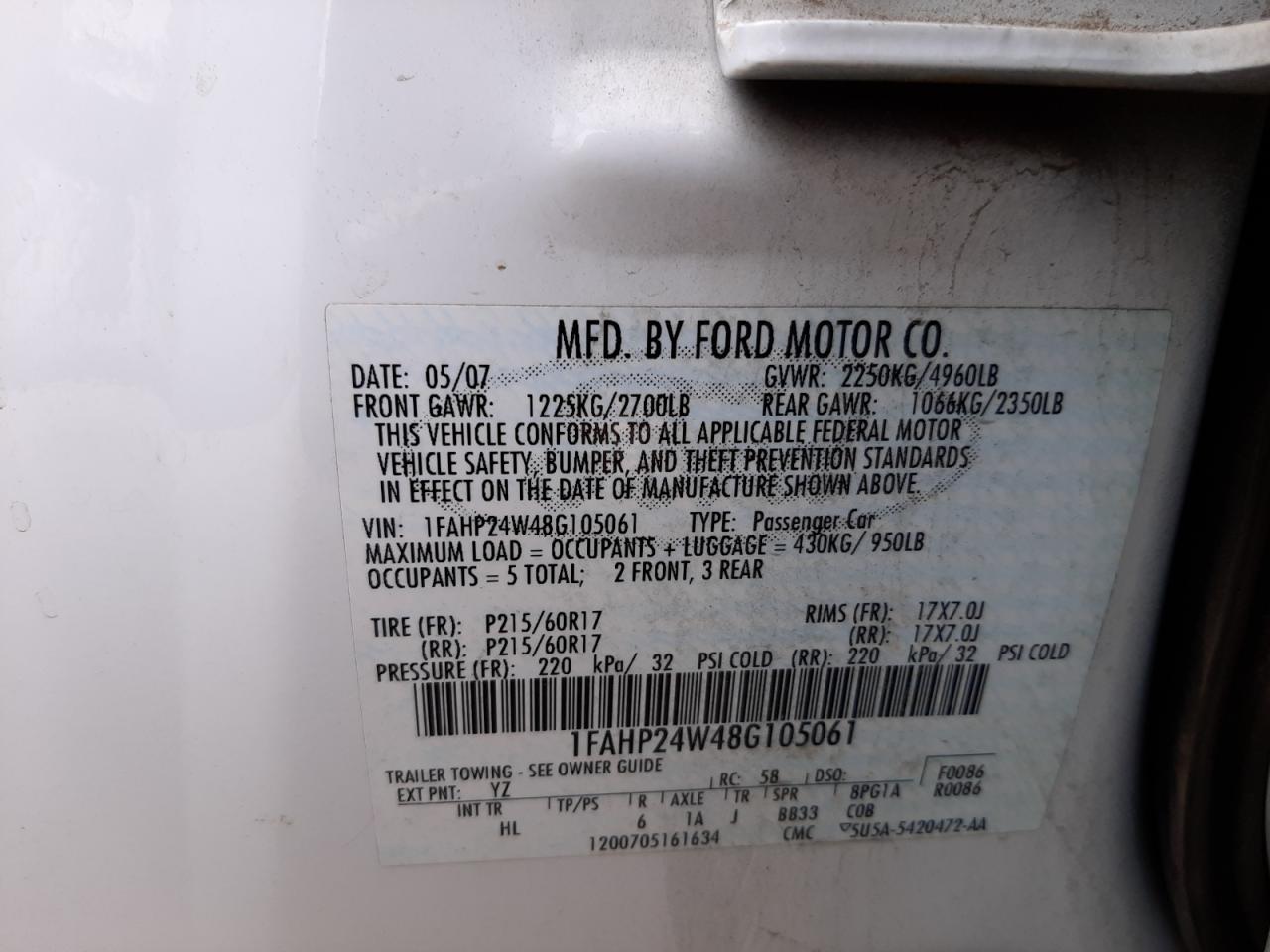 Photo 10 from auction – 2008 FORD TAURUS SEL with VIN 1FAHP24W48G105061