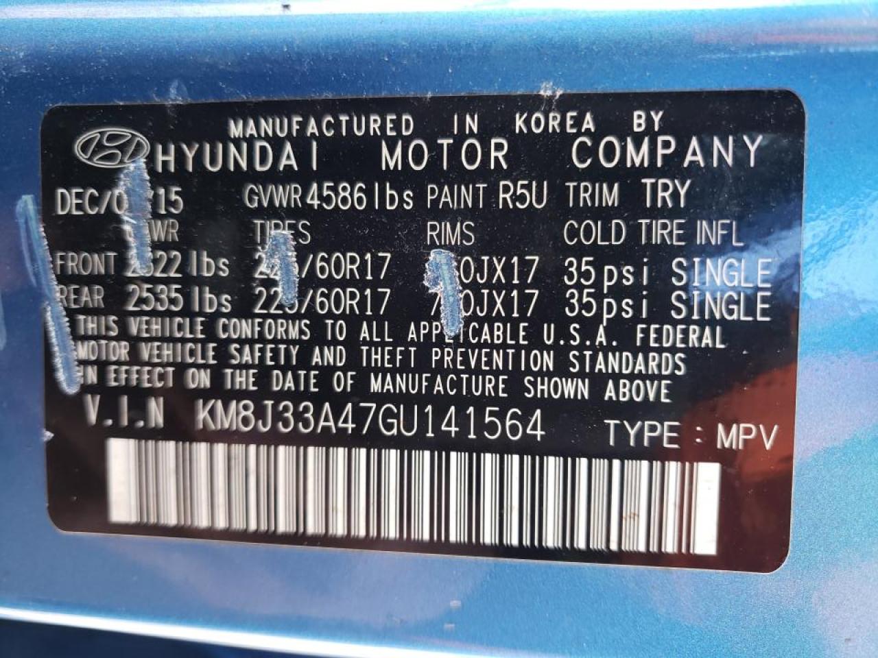 Photo 10 from auction – 2016 HYUNDAI TUCSON with VIN KM8J33A47GU141564