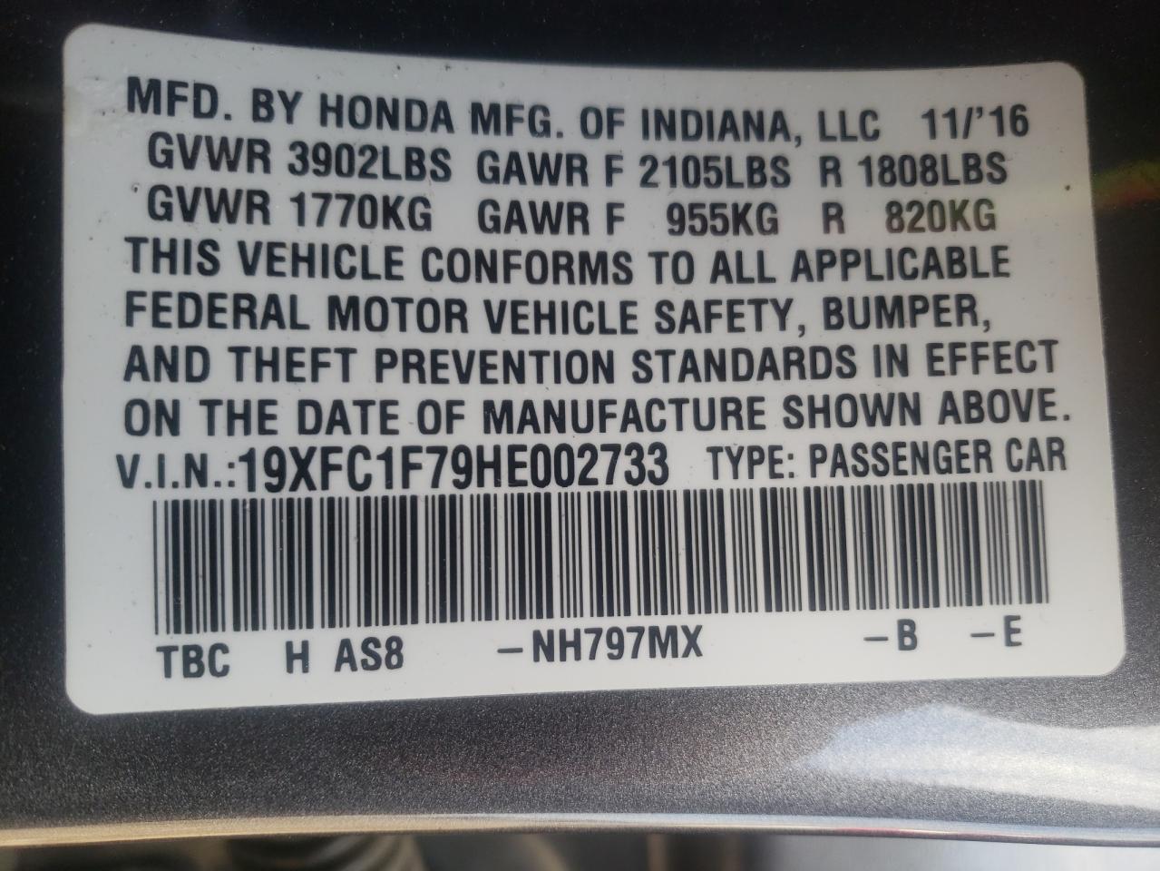 Photo 10 from auction – 2017 HONDA CIVIC EXL with VIN 19XFC1F79HE002733