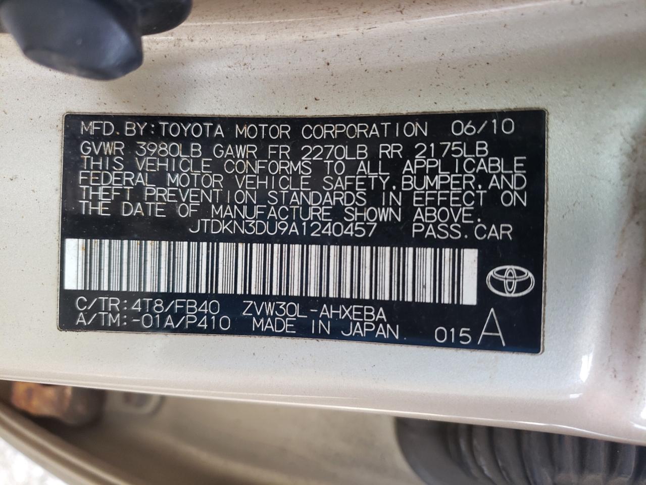 Photo 10 from auction – 2010 TOYOTA PRIUS with VIN JTDKN3DU9A1240457