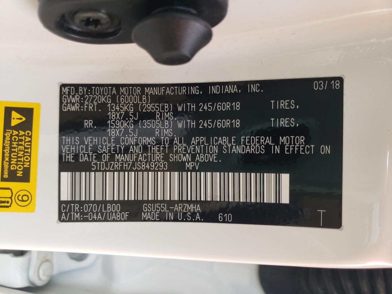 Photo 10 from auction – 2018 TOYOTA HIGHLANDER with VIN 5TDJZRFH7JS849293