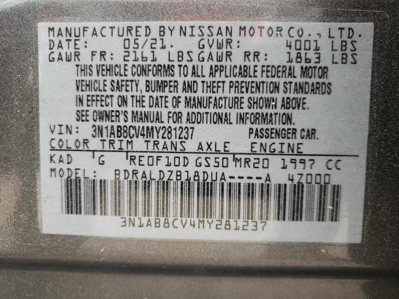 Photo 10 from auction – 2021 NISSAN SENTRA SV with VIN 3N1AB8CV4MY281237