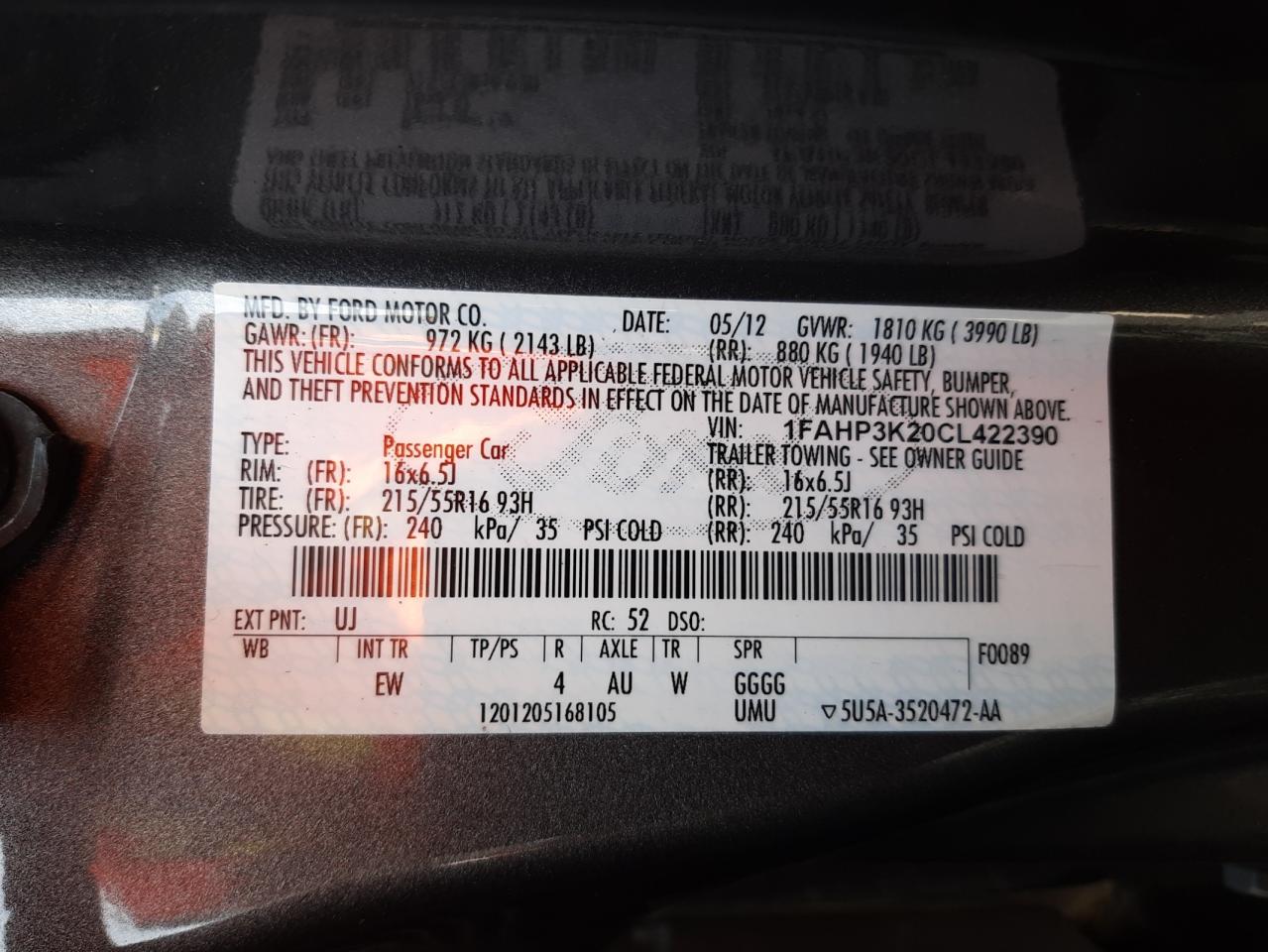 Photo 10 from auction – 2012 FORD FOCUS SE with VIN 1FAHP3K20CL422390