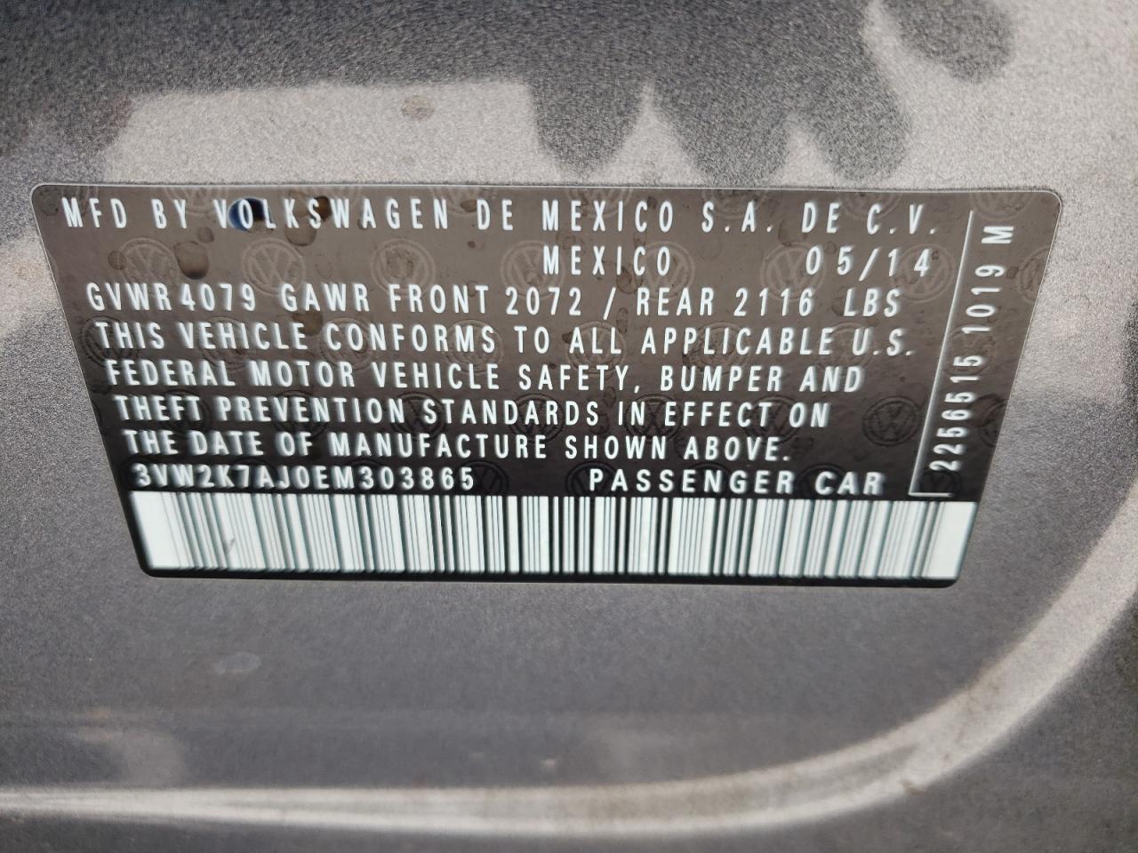 Photo 10 from auction – 2014 VOLKSWAGEN JETTA BASE with VIN 3VW2K7AJ0EM303865
