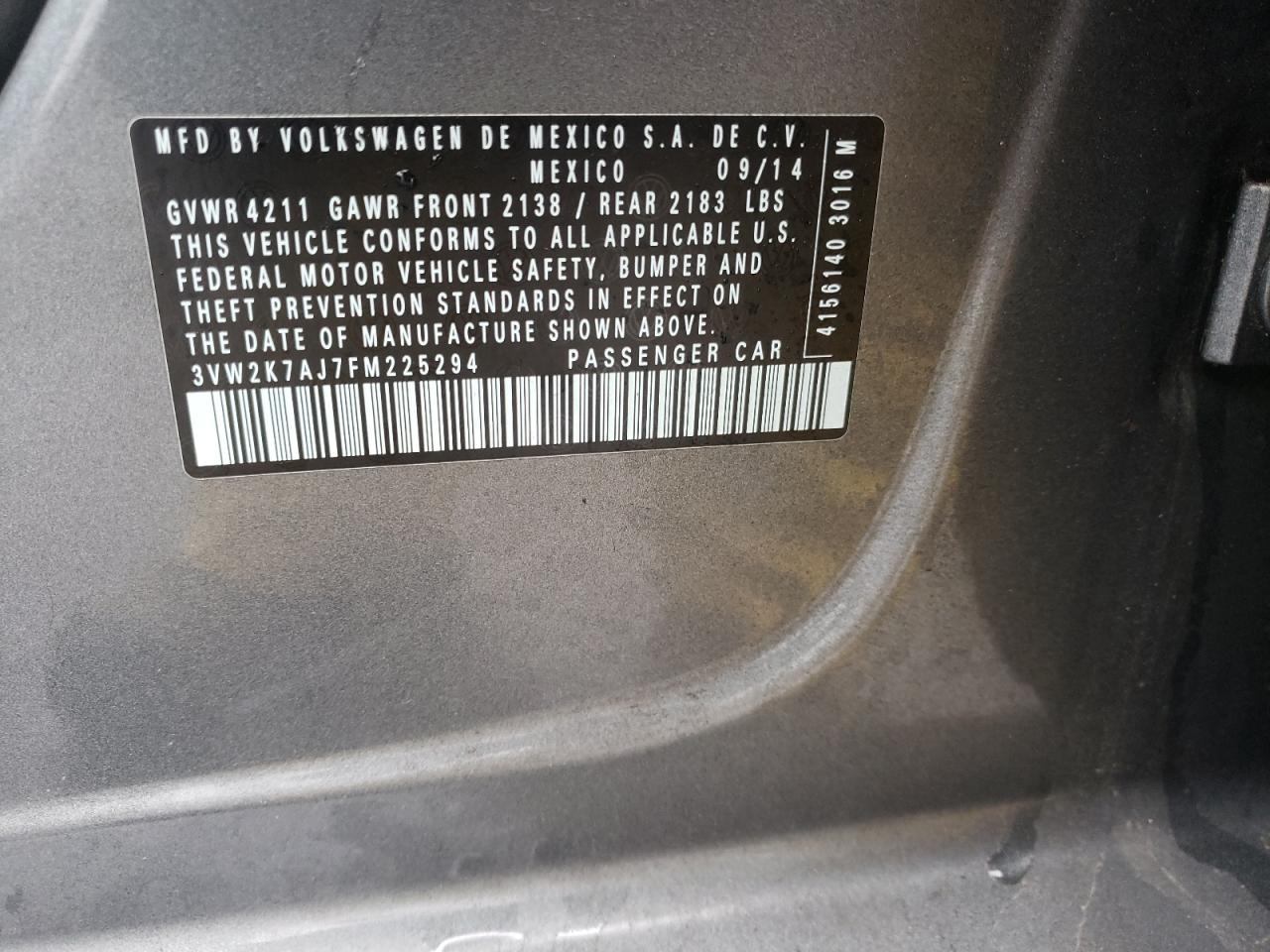 Photo 10 from auction – 2015 VOLKSWAGEN JETTA BASE with VIN 3VW2K7AJ7FM225294
