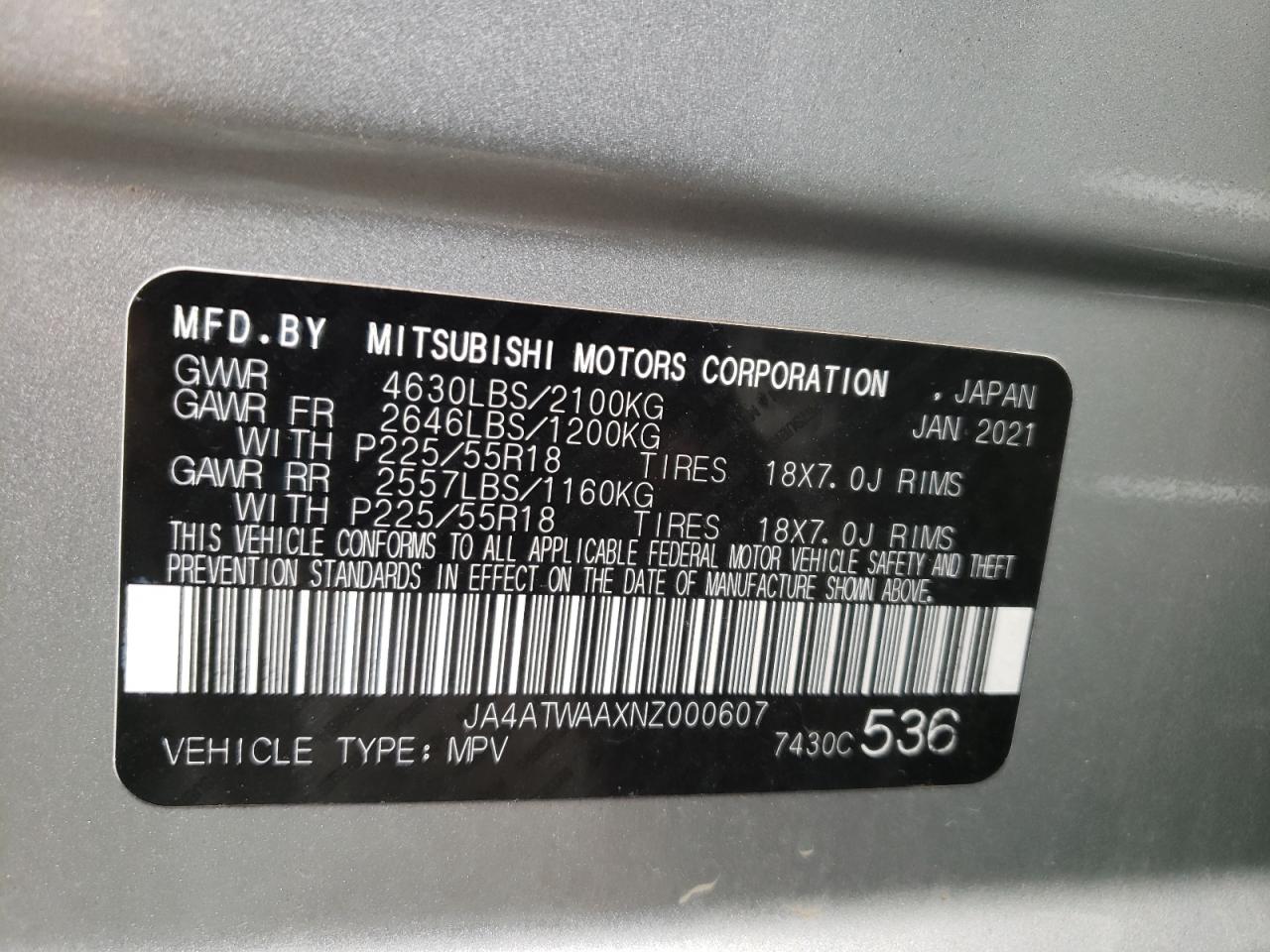 Photo 10 from auction – 2022 MITSUBISHI ECLIPSE CR with VIN JA4ATWAAXNZ000607