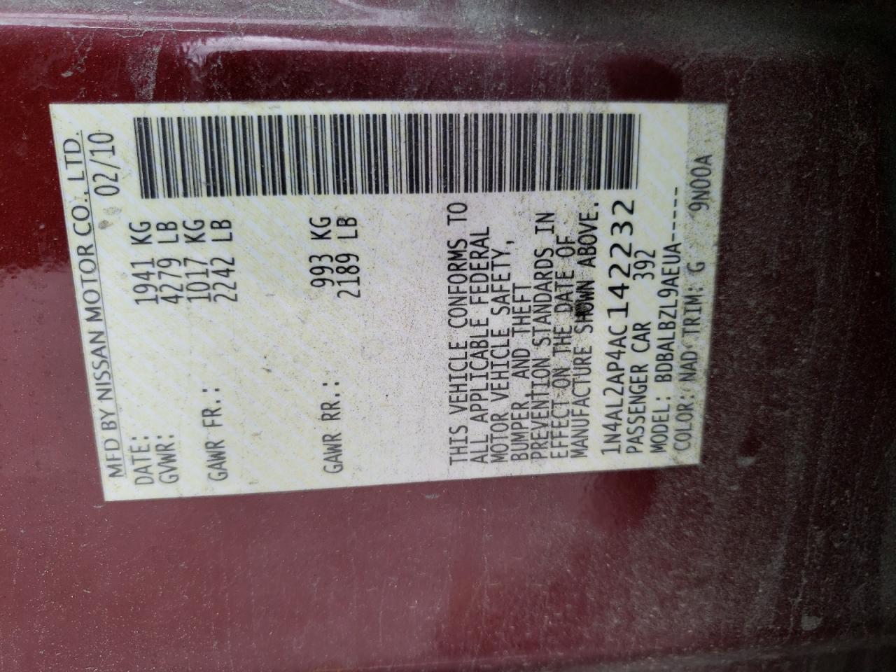 Photo 10 from auction – 2010 NISSAN ALTIMA BAS with VIN 1N4AL2AP4AC142232
