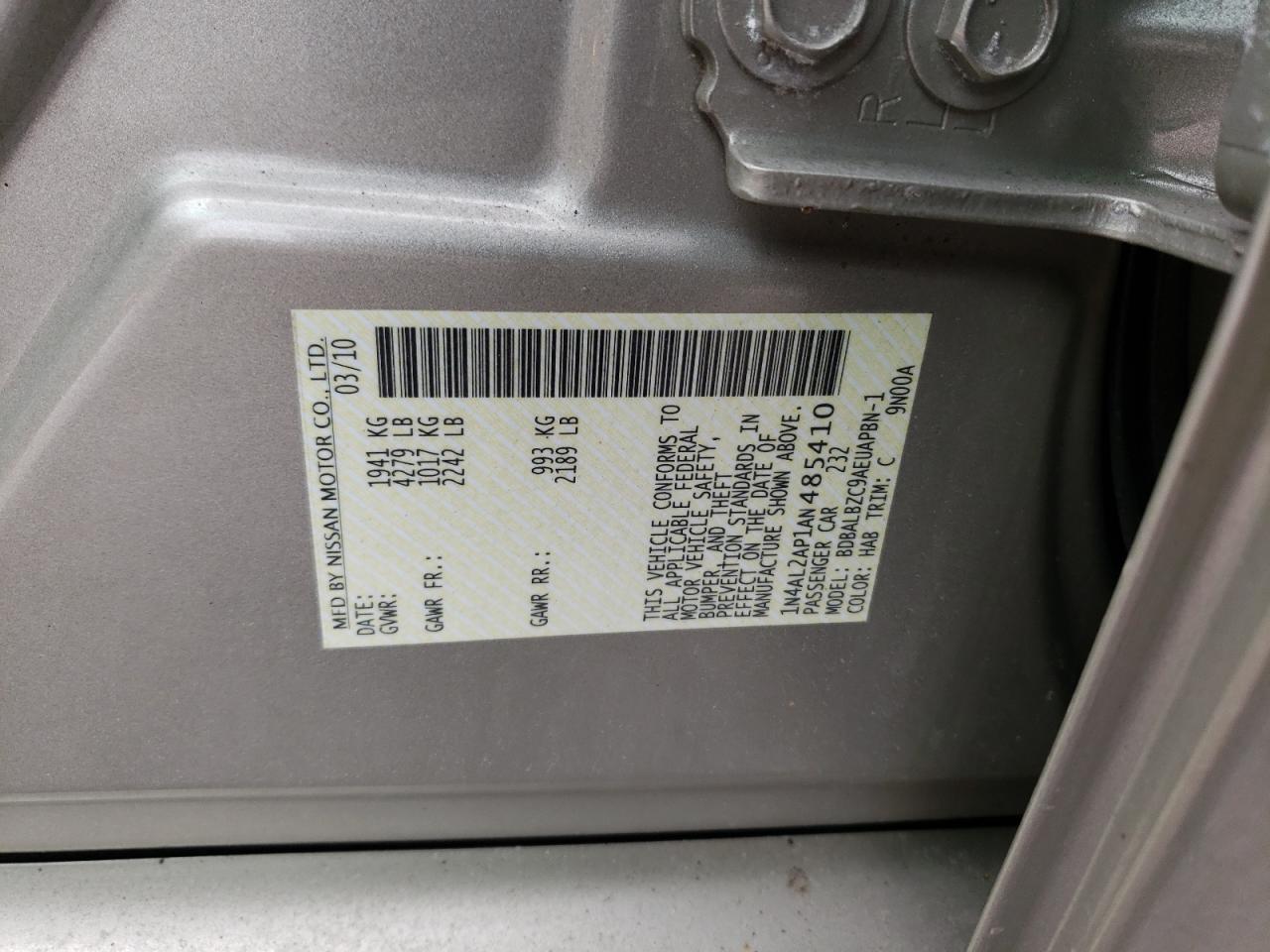 Photo 10 from auction – 2010 NISSAN ALTIMA BAS with VIN 1N4AL2AP1AN485410