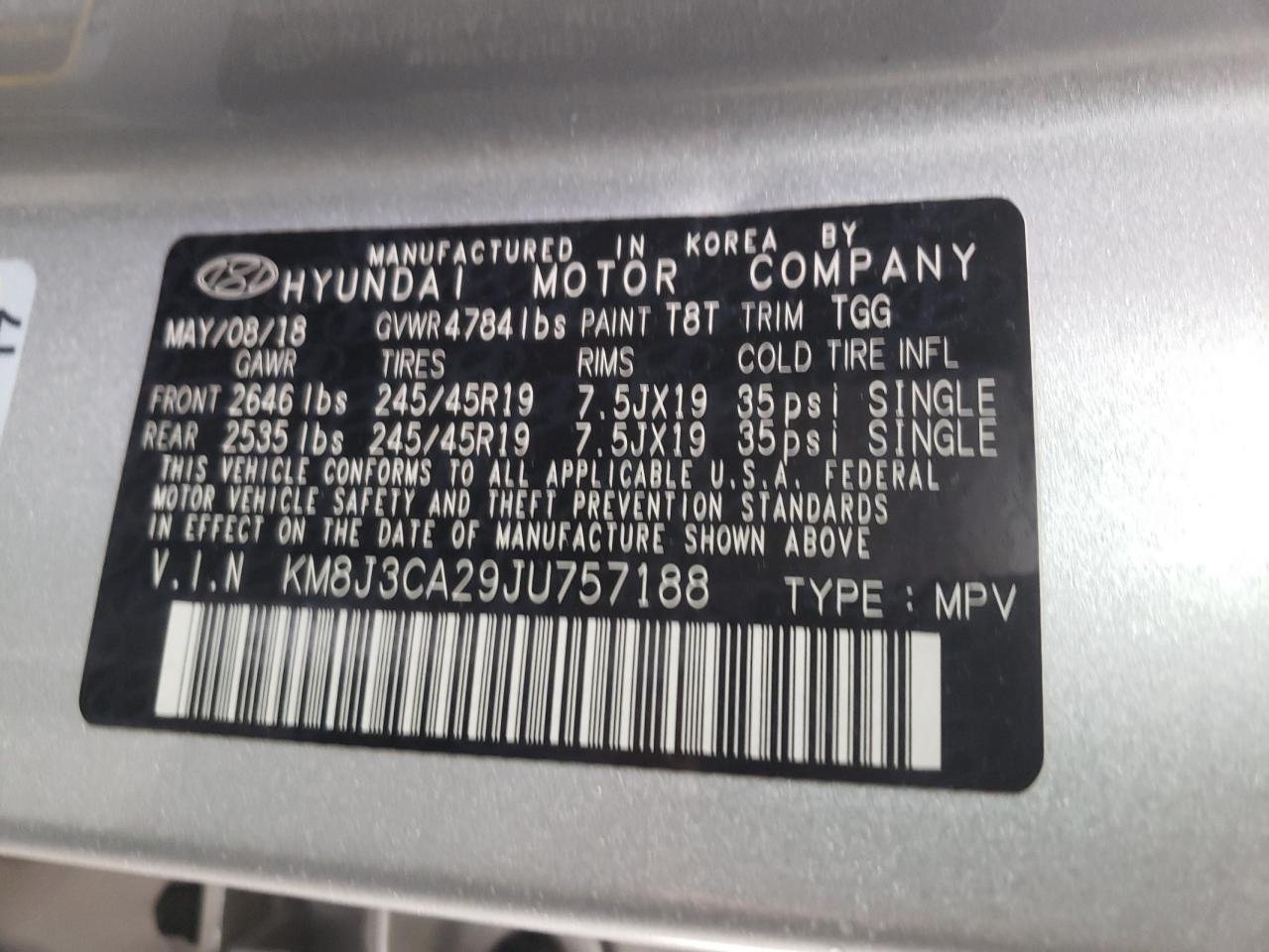 Photo 10 from auction – 2018 HYUNDAI TUCSON VAL with VIN KM8J3CA29JU757188