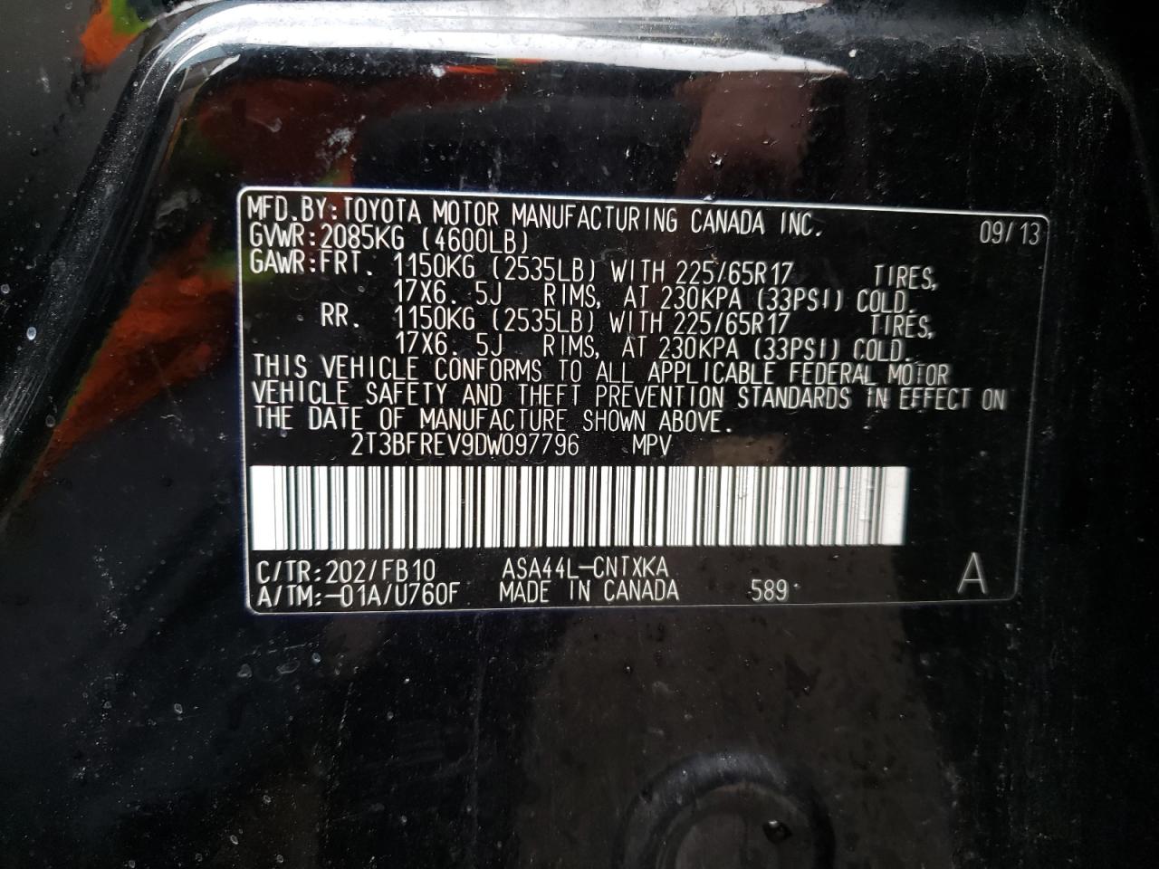 Photo 10 from auction – 2013 TOYOTA RAV4 LE with VIN 2T3BFREV9DW097796