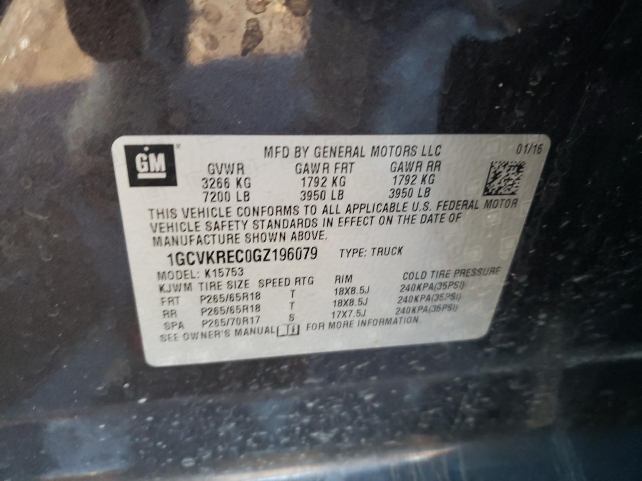 Photo 10 from auction – 2016 CHEVROLET SILVERADO with VIN 1GCVKREC0GZ196079
