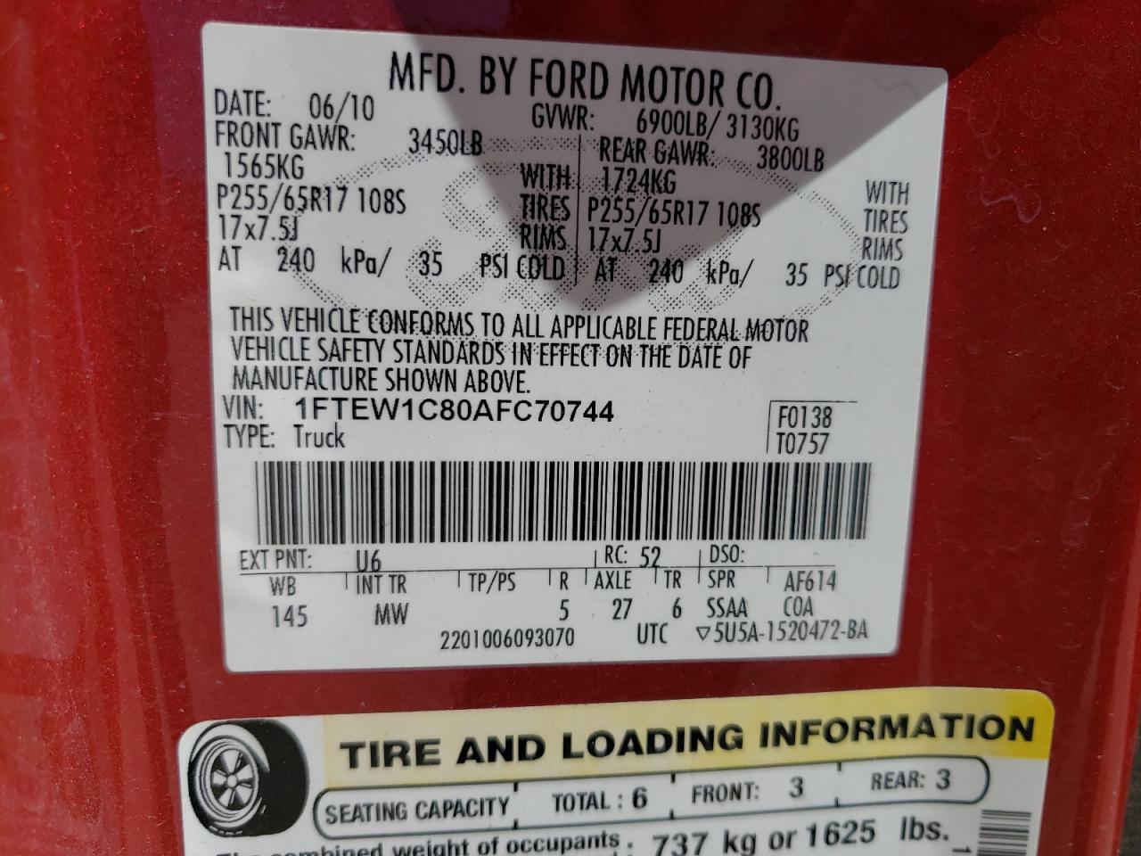 Photo 10 from auction – 2010 FORD F150 SUPER with VIN 1FTEW1C80AFC70744