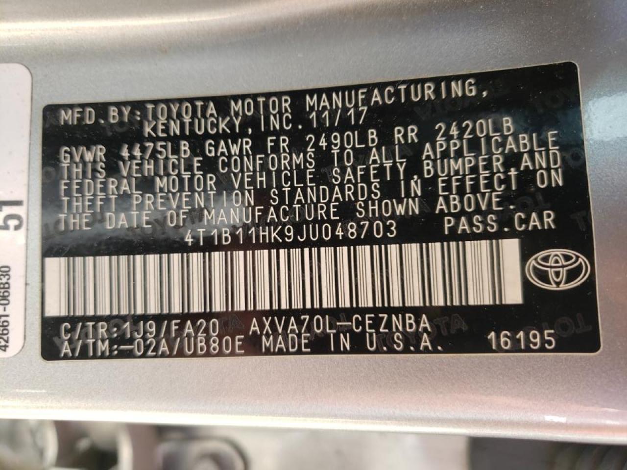 Photo 10 from auction – 2018 TOYOTA CAMRY with VIN 4T1B11HK9JU048703