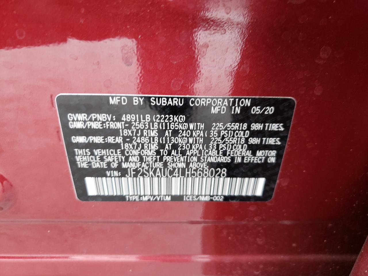 Photo 10 from auction – 2020 SUBARU FORESTER L with VIN JF2SKAUC4LH568028