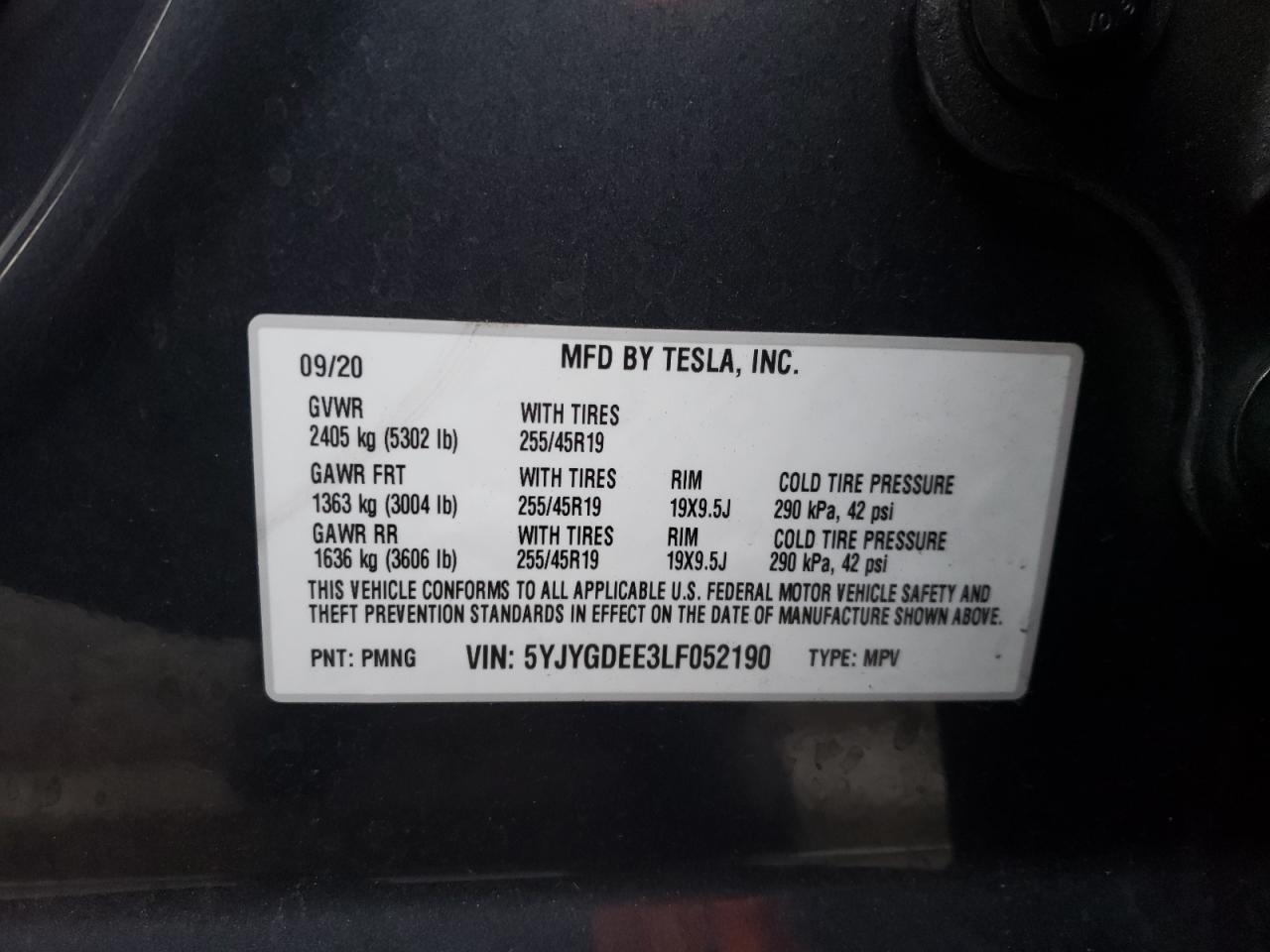 Photo 10 from auction – 2020 TESLA MODEL Y with VIN 5YJYGDEE3LF052190