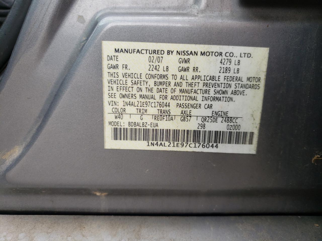 Photo 10 from auction – 2007 NISSAN ALTIMA 2.5 with VIN 1N4AL21E97C176044
