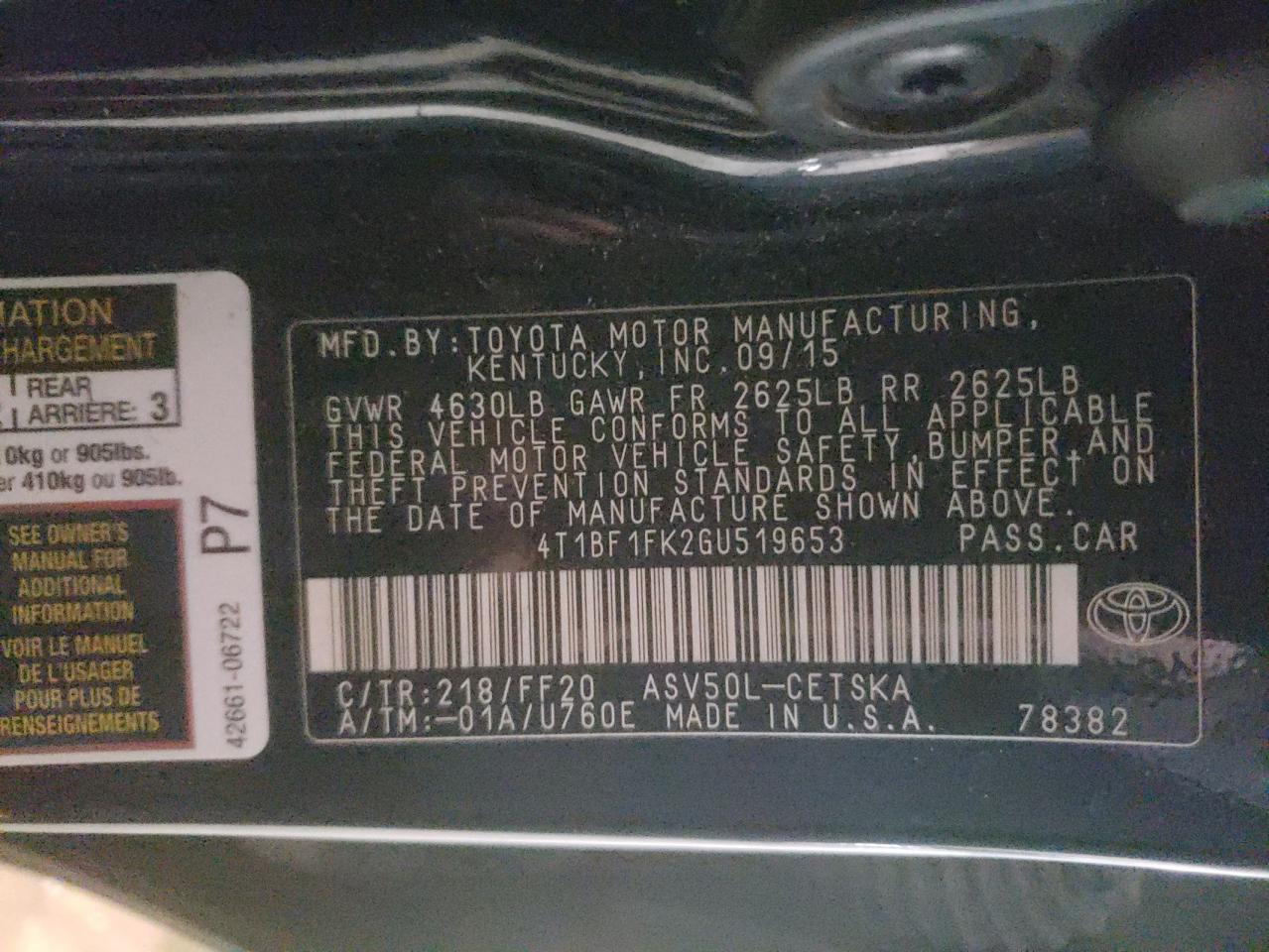 Photo 10 from auction – 2016 TOYOTA CAMRY LE with VIN 4T1BF1FK2GU519653