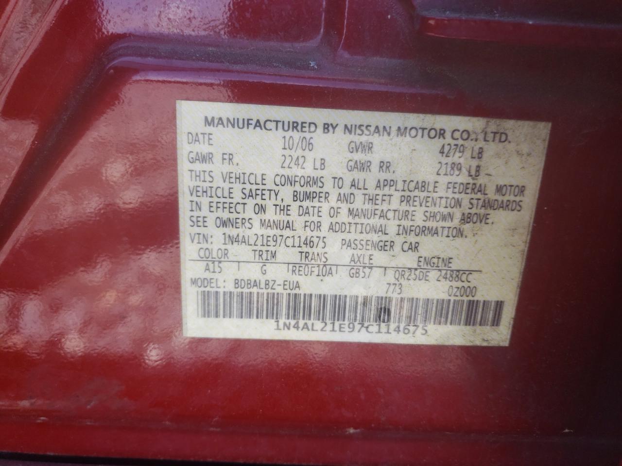 Photo 10 from auction – 2007 NISSAN ALTIMA 2.5 with VIN 1N4AL21E97C114675