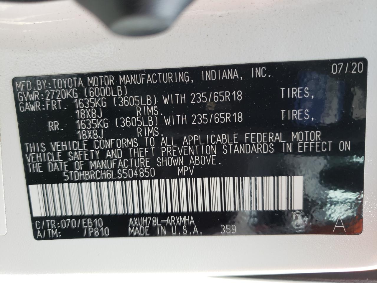 Photo 10 from auction – 2020 TOYOTA HIGHLANDER with VIN 5TDHBRCH6LS504850