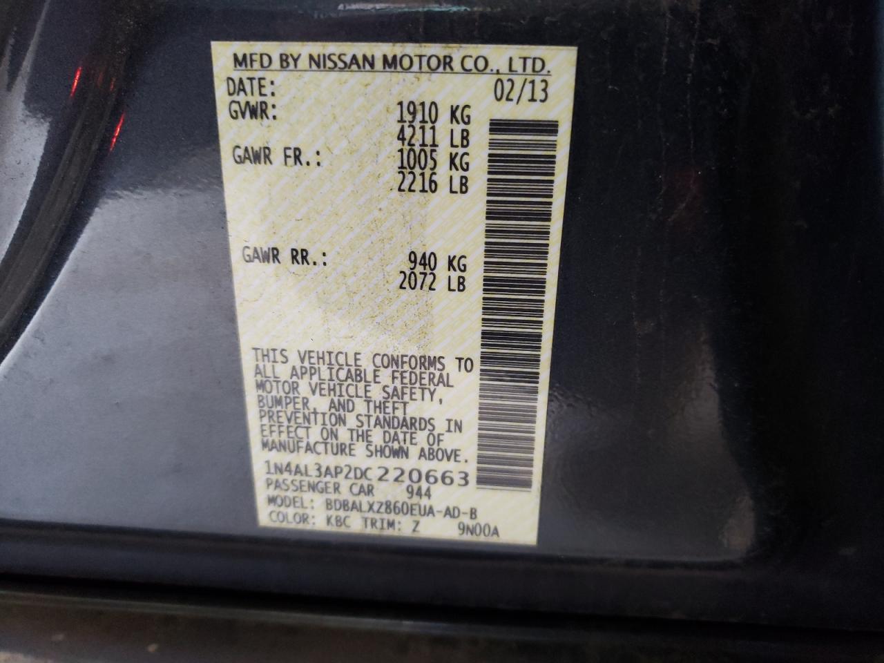 Photo 10 from auction – 2013 NISSAN ALTIMA 2.5 with VIN 1N4AL3AP2DC220663