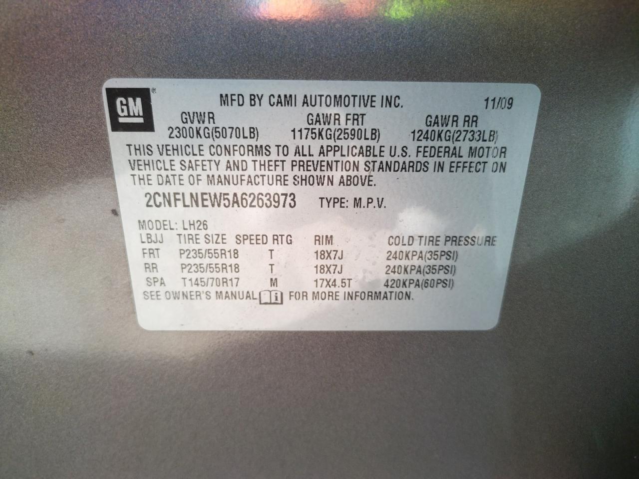 Photo 10 from auction – 2010 CHEVROLET EQUINOX LT with VIN 2CNFLNEW5A6263973
