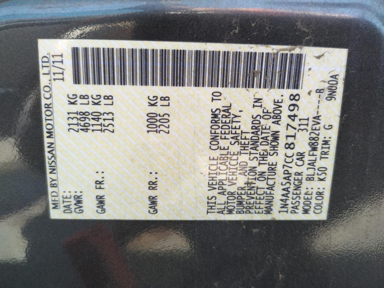 Photo 10 from auction – 2012 NISSAN MAXIMA S with VIN 1N4AA5AP7CC817498