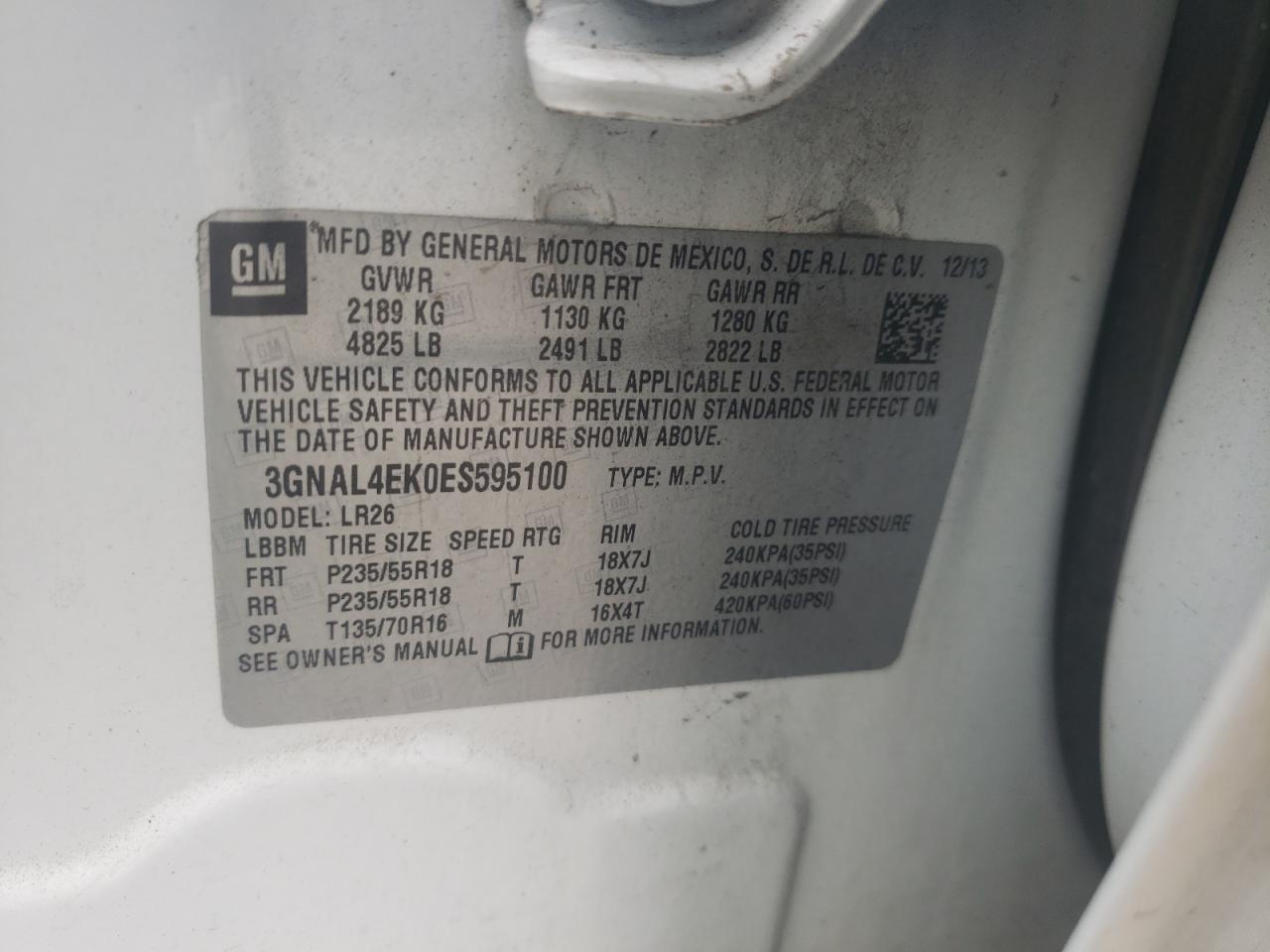 Photo 10 from auction – 2014 CHEVROLET CAPTIVA LT with VIN 3GNAL4EK0ES595100