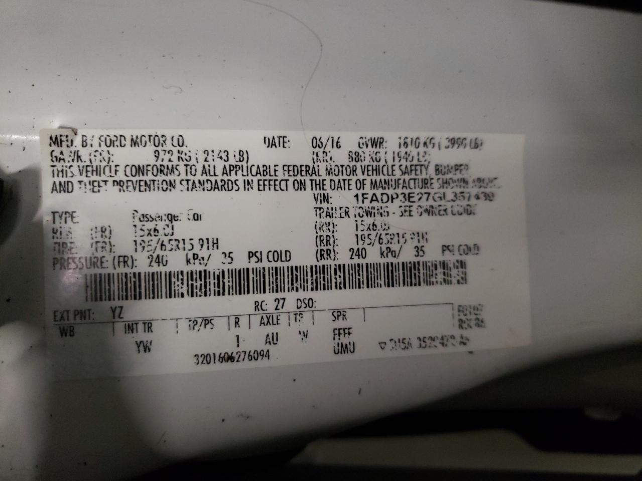 Photo 10 from auction – 2016 FORD FOCUS S with VIN 1FADP3E27GL357439