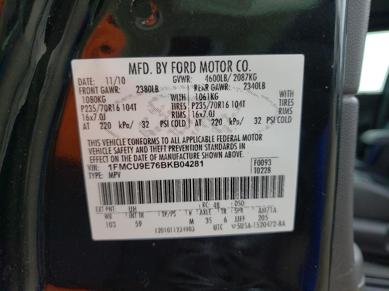 Photo 10 from auction – 2011 FORD ESCAPE LIM with VIN 1FMCU9E76BKB04281