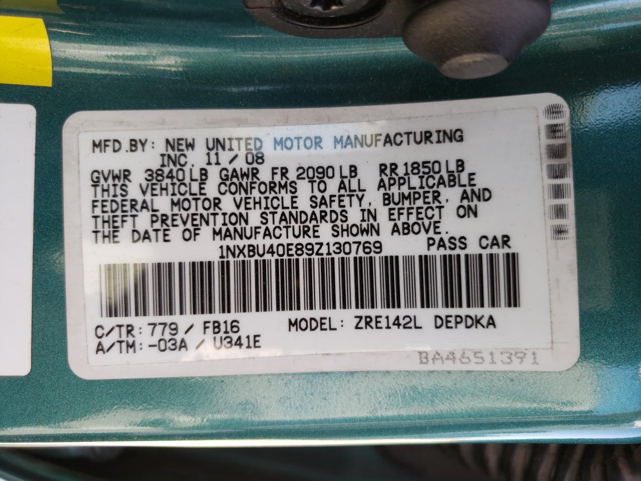 Photo 10 from auction – 2009 TOYOTA COROLLA with VIN 1NXBU40E89Z130769