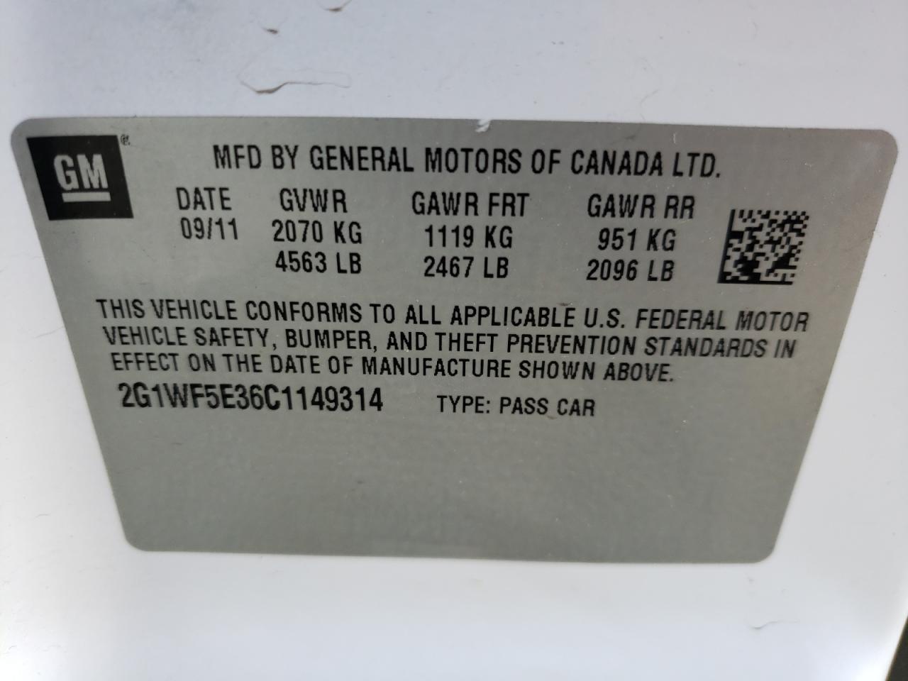 Photo 10 from auction – 2012 CHEVROLET IMPALA LS with VIN 2G1WF5E36C1149314
