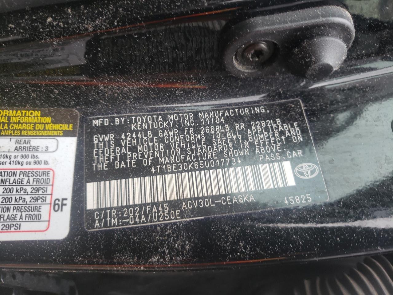 Photo 10 from auction – 2005 TOYOTA CAMRY LE with VIN 4T1BE30K65U017734