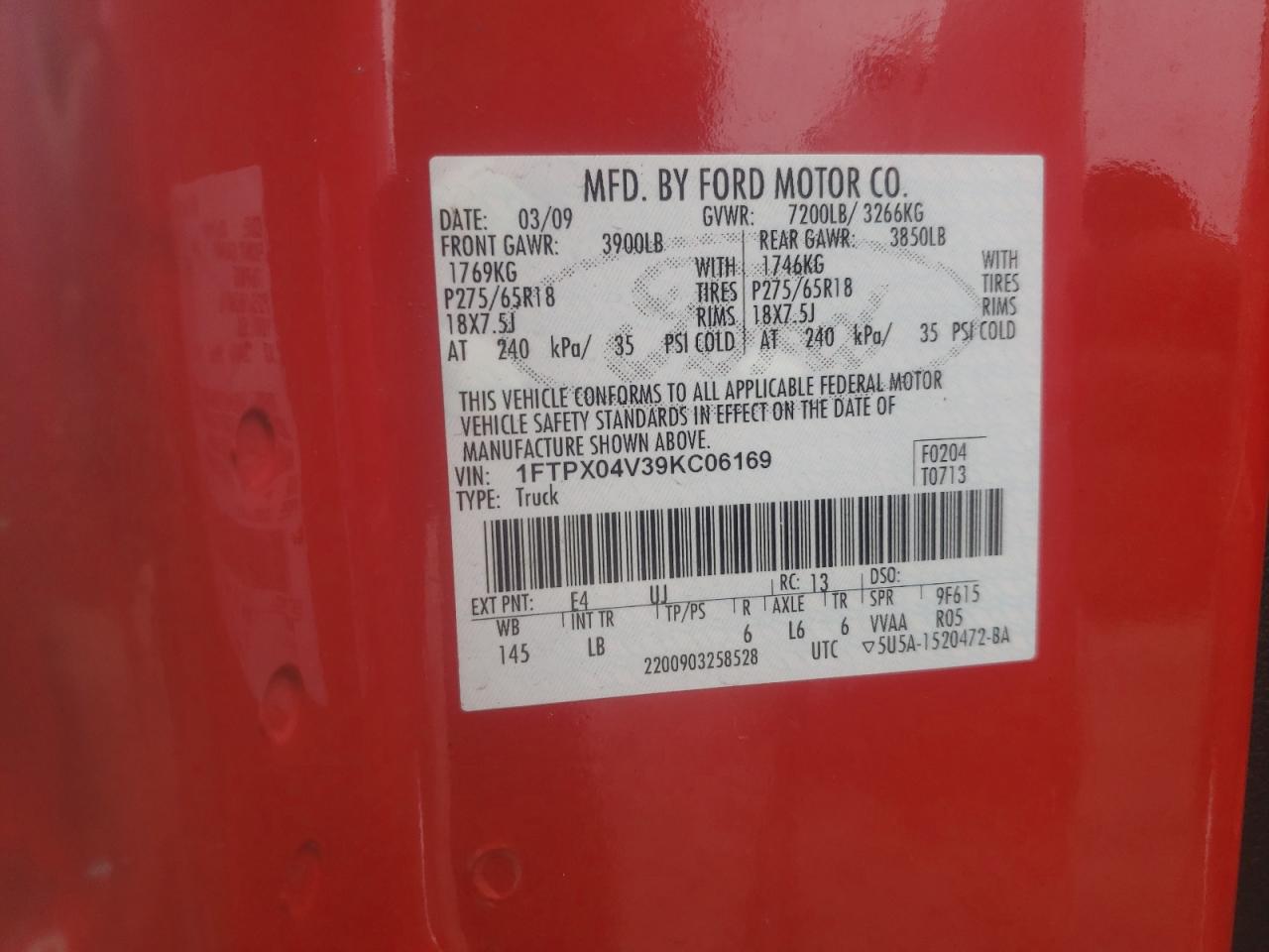 Photo 10 from auction – 2009 FORD F150 SUPER with VIN 1FTPX04V39KC06169