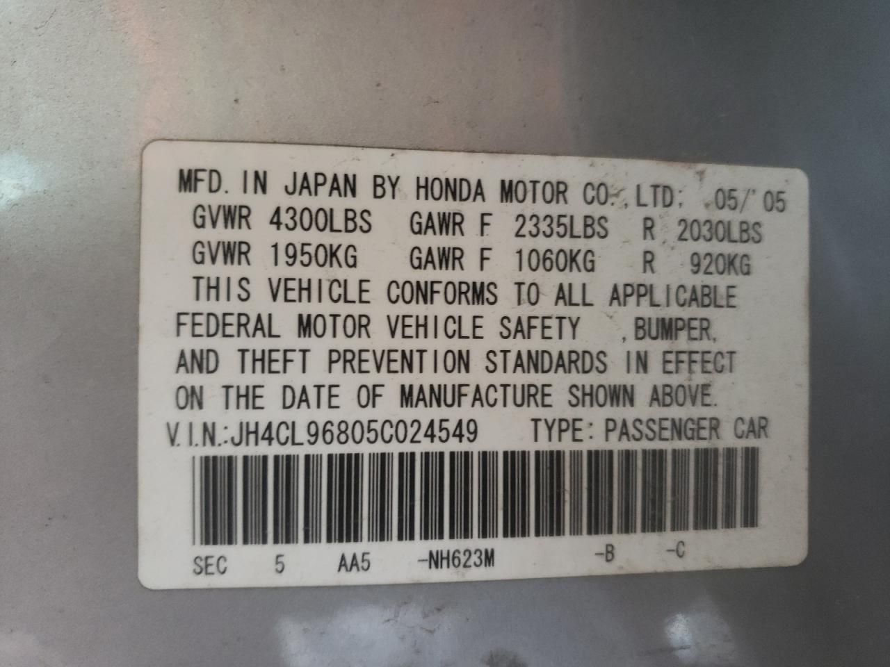 Photo 10 from auction – 2005 ACURA TSX with VIN JH4CL96805C024549