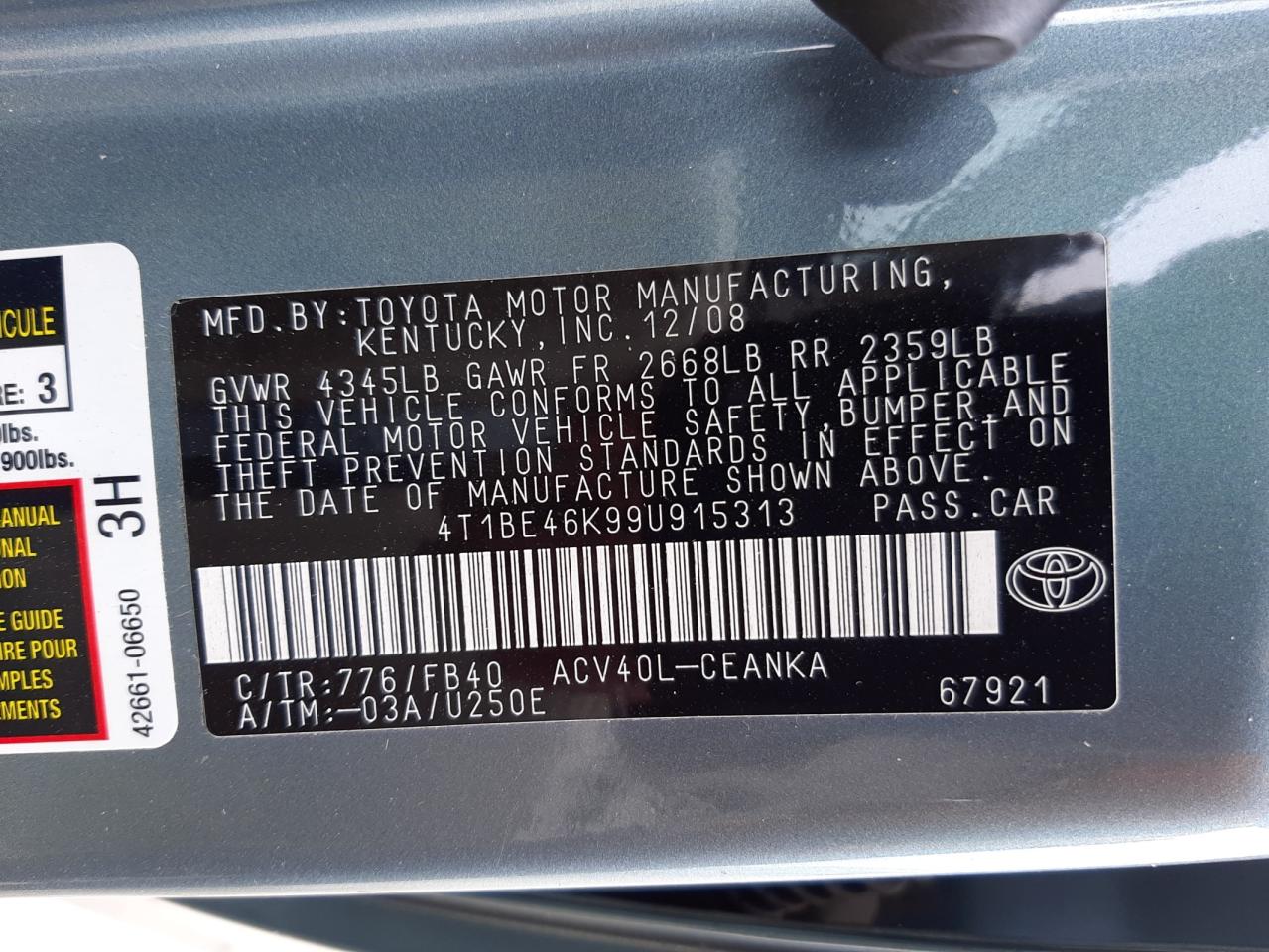 Photo 10 from auction – 2009 TOYOTA CAMRY BASE with VIN 4T1BE46K99U915313